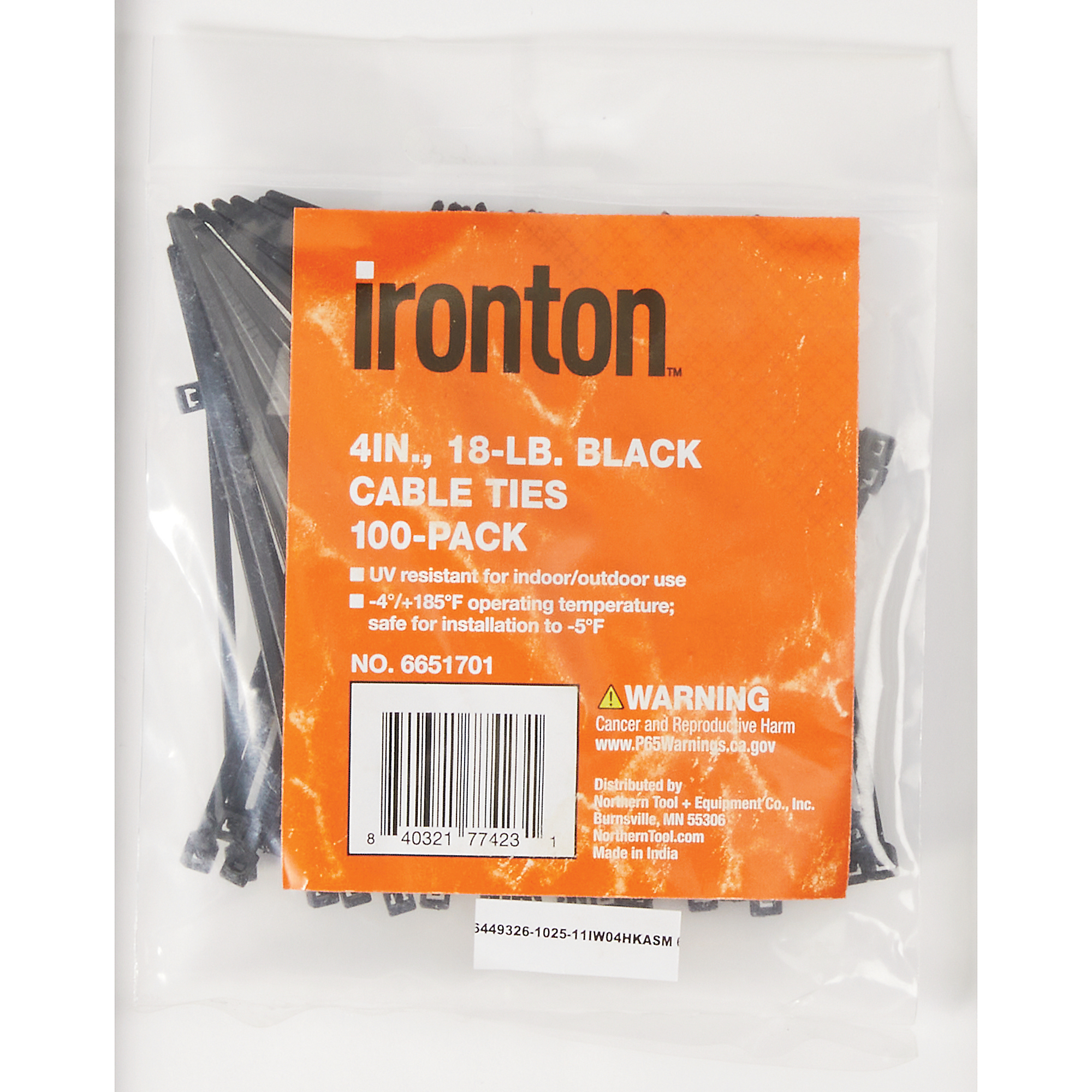 Ironton Cable Zip Ties, 100-Pk., 4in., 18-Lb. Tensile Strength, Black